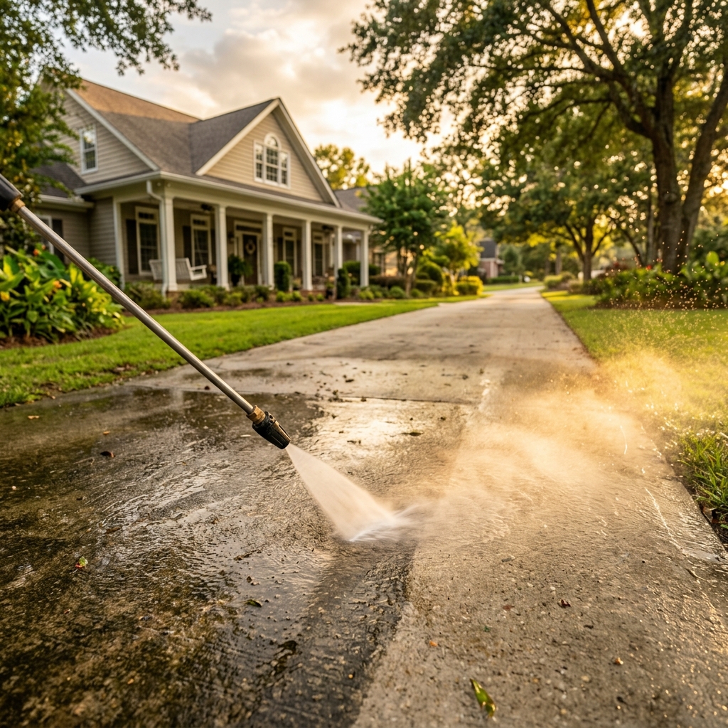 Professional pressure washing transforming a North Georgia driveway